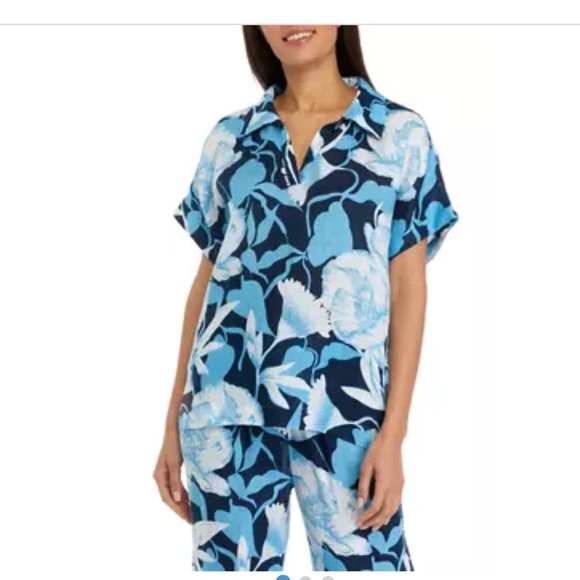 Eli Tahari blue Tropical Printed Split Neck Collared Linen Blouse - Picture 8 of 8